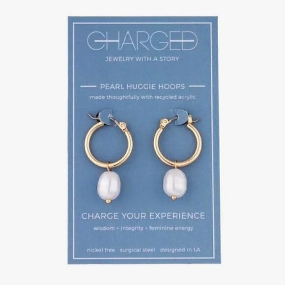 CHARGED Pearl & Stone Huggie Hoop Bohemian Chic Classic Clean Beauty Earrings - Picture 1 of 3
